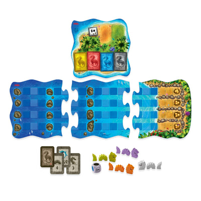 Water Dragons - HABA USAWater Dragons game board with gray, purple, green, and orange wooden pieces, cardboard game board, wooden die, and cards on a white background