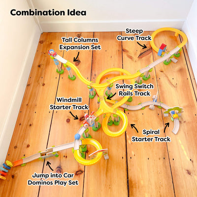 Combination idea - tall columns expansion set with steep curve track, swing switch rails track, windmill starter track, spiral starter track, and jump into car dominos play set