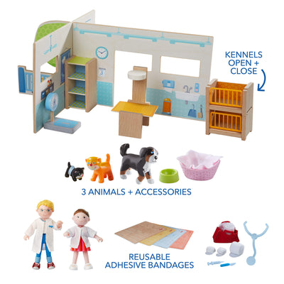 Little Friends Day at the Vet bundle with 3 animals + accessories, reusable bandages, and kennels that open and close