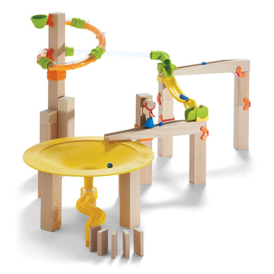 Marble Run Funnel Jungle Starter Set with wooden blocks, large yellow funnel, a blue bell, and orange loops