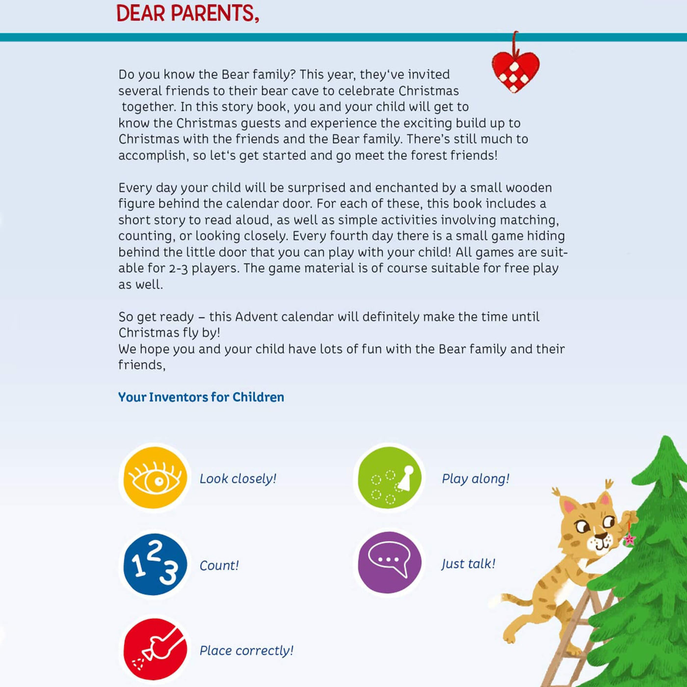 Dear Parents letter from My First Games Advent Calendar Bear Cave