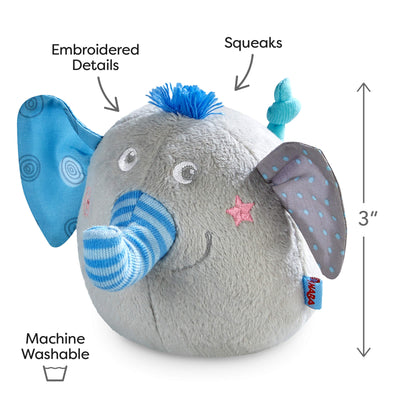 Noah the elephant with embroidered face that squeaks is 3" tall