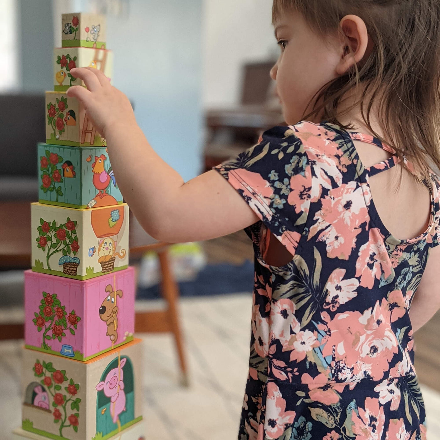 On the Farm Stacking Cubes stacked with little girl playing