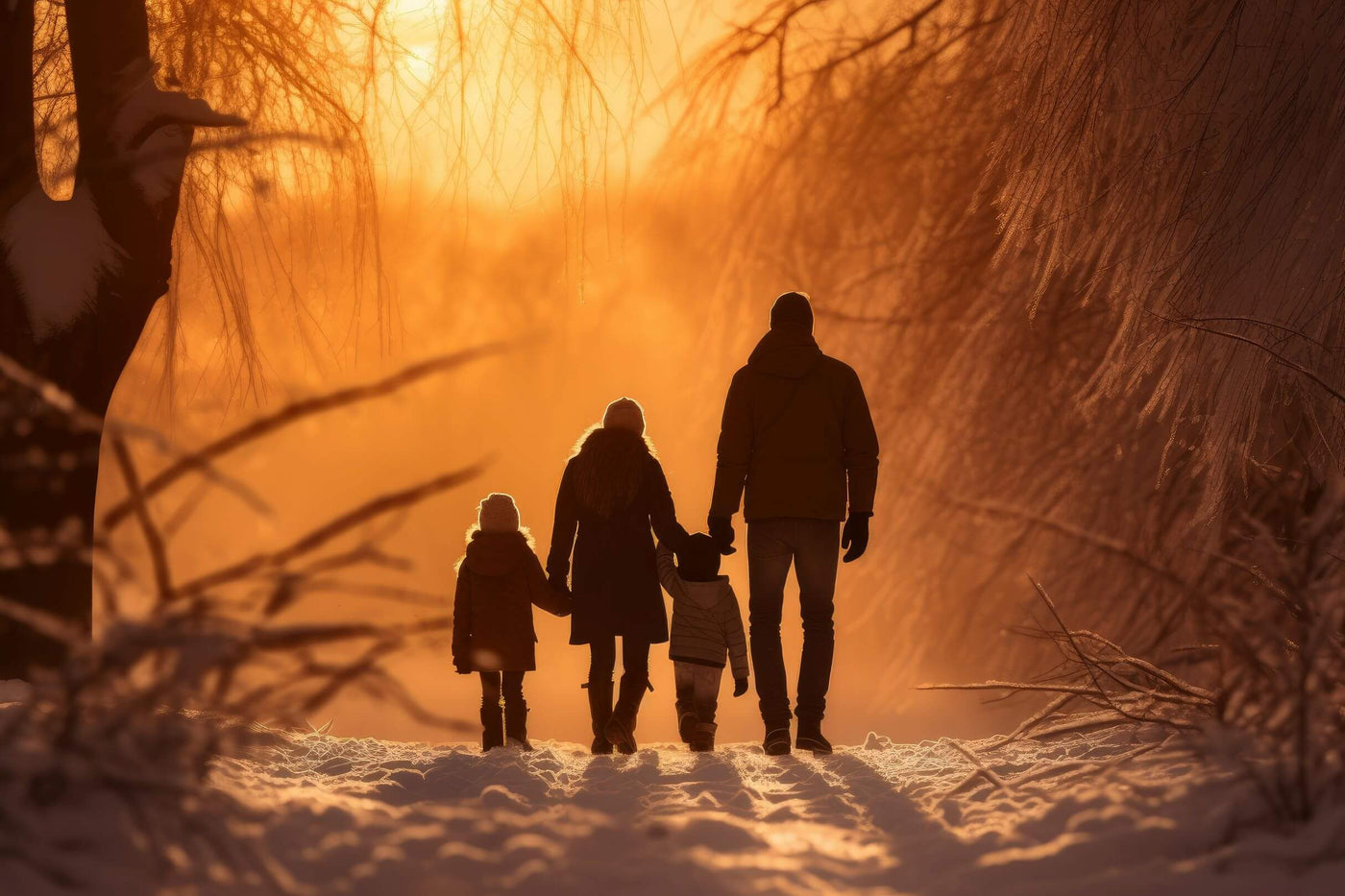 A family is walking in the woods on a snow night.