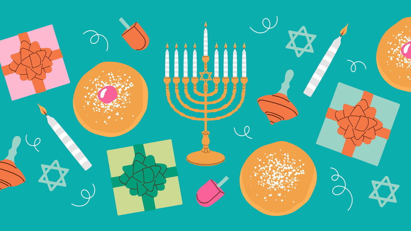 Hanukkah holiday banner design with menorah, donuts and gift box. Hand drawn minimal trendy vector illustration
