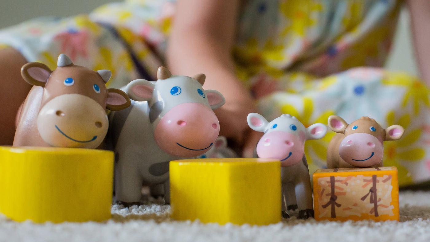 Close up of 2 Little Friends Cows and 2 Calfs on carpeting with child sitting in the background