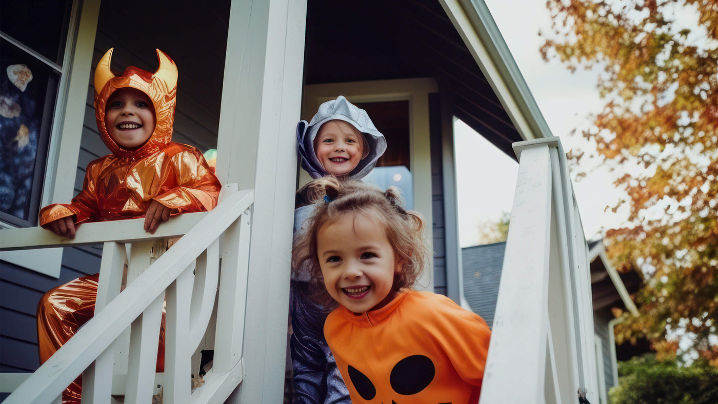 Three kids on a porch dressed for Halloween