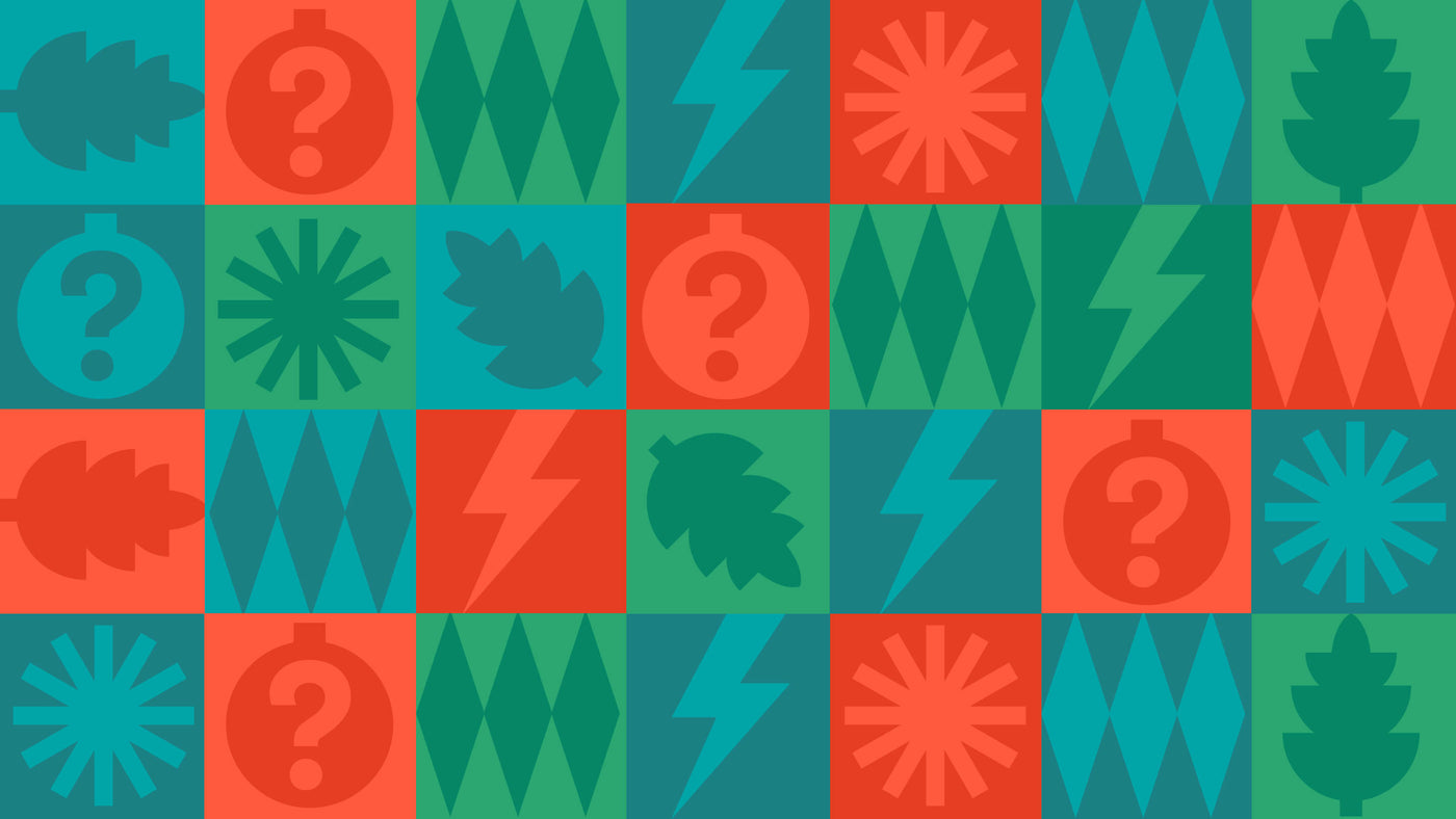 Checkerboard pattern with lightning bolts, question marks, diamonds, leaves and stars in holiday colors