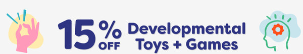 Promotional banner with '15% off Developmental Toys + Games' text and colorful graphics.