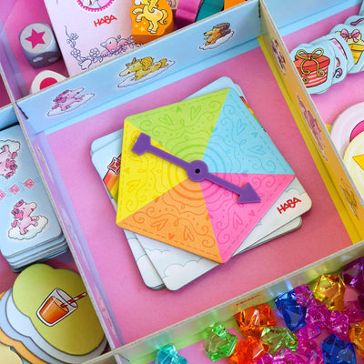 HABA Unicorn Glitterluck Game Collection game box colorful geometric spinner