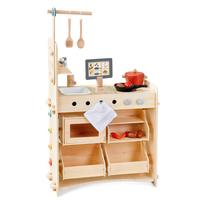 Creative Play 3 in 1 – Play Kitchen, Store & Workshop wooden play set with various accessories on a white background