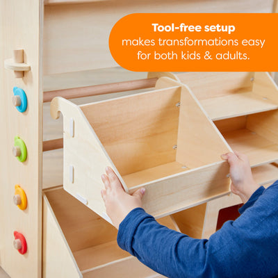 Wooden toy structure with colorful knobs, being assembled by a person, with text about tool-free setup.