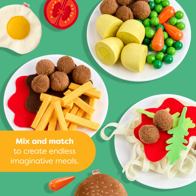 Colorful toy food set on a green background with text encouraging creativity.