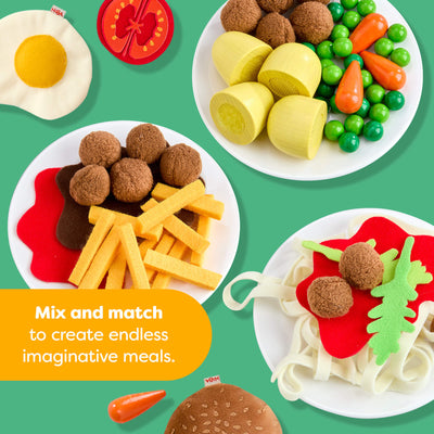 Creative Play Fresh Box toy food set on a green background text reads "Mix and match to create endless imaginative meals"