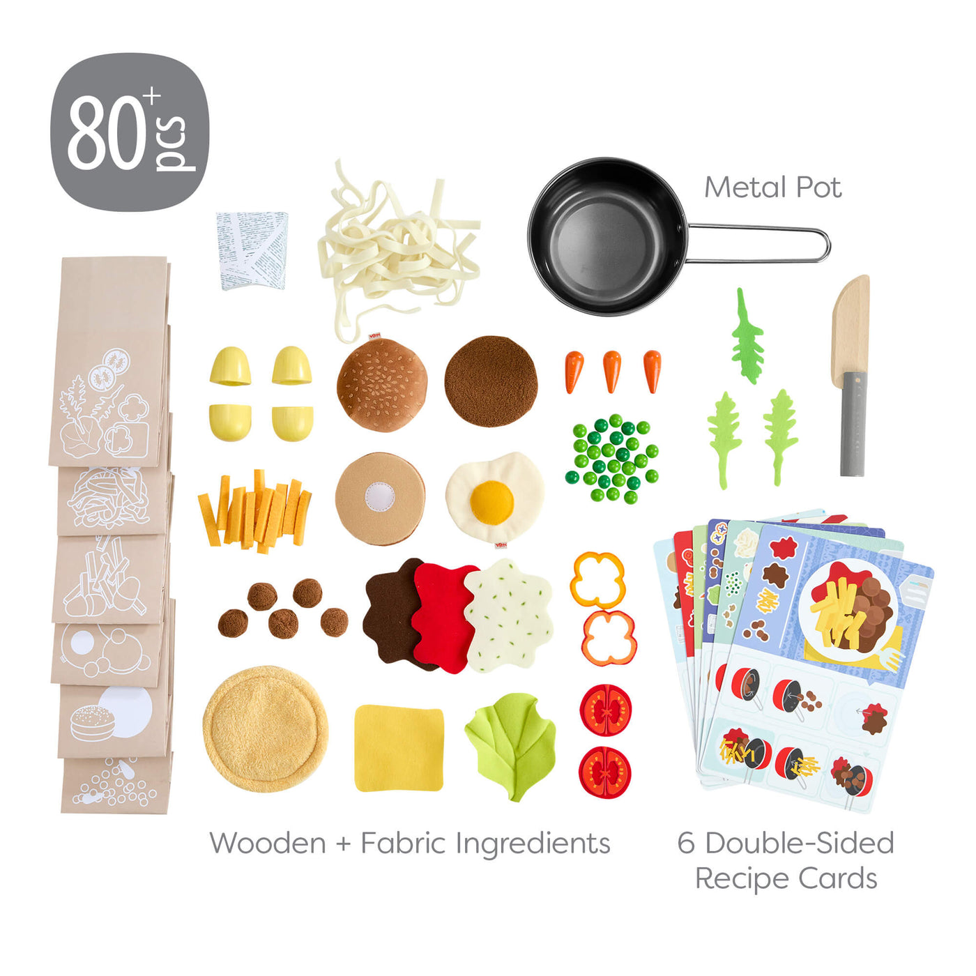 Children's 80 piece play food set with ingredients, utensils, and recipe cards on a white background