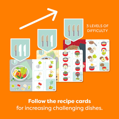 HABA Creative Play Fresh Box set of recipe cards with text reading "Follow the recipe cards for increasingly challenging dishes"