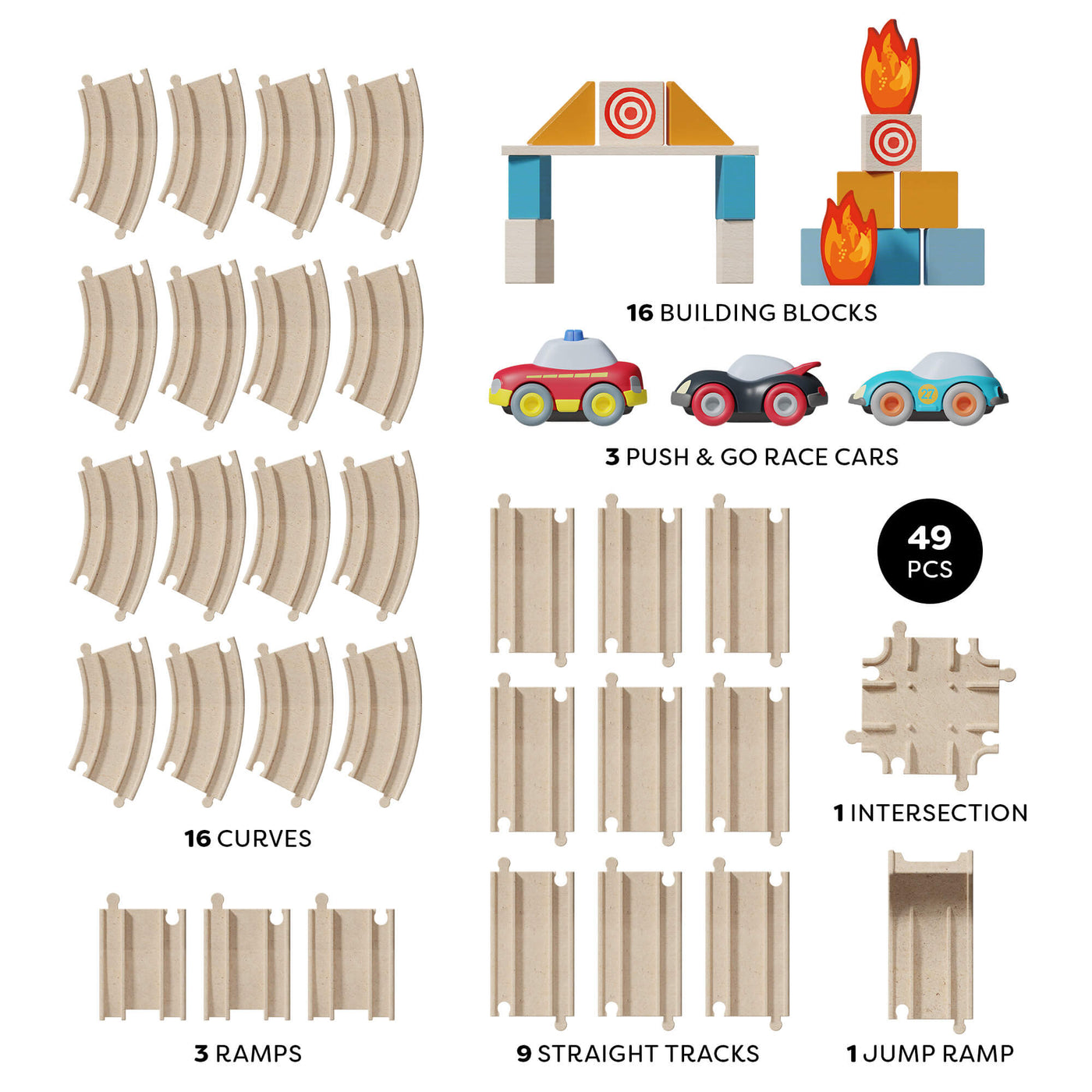 HABA Cars track set with 16 building blocks, 3 race cars, and 30 various track pieces on a white background.