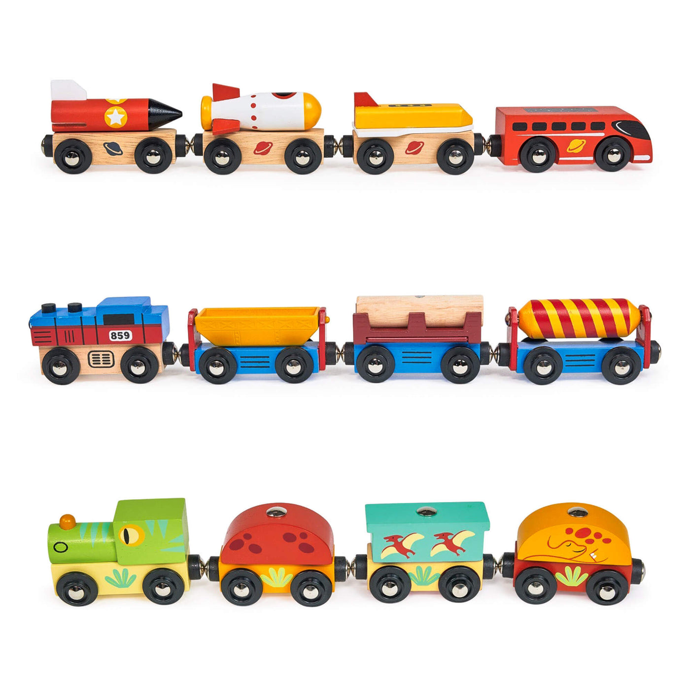 Set of colorful wooden toy trains on a white background