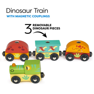 Wooden dinosaur train with colorful cars on a white background