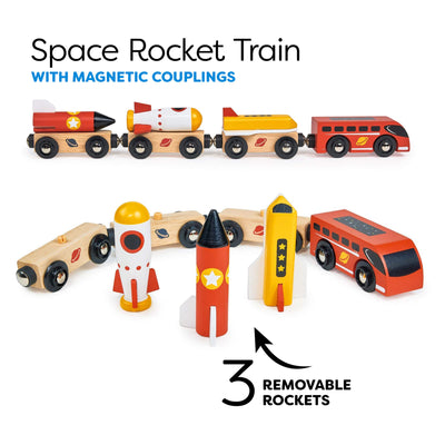 Wooden toy train set with space-themed cars and magnetic couplings on a white background.