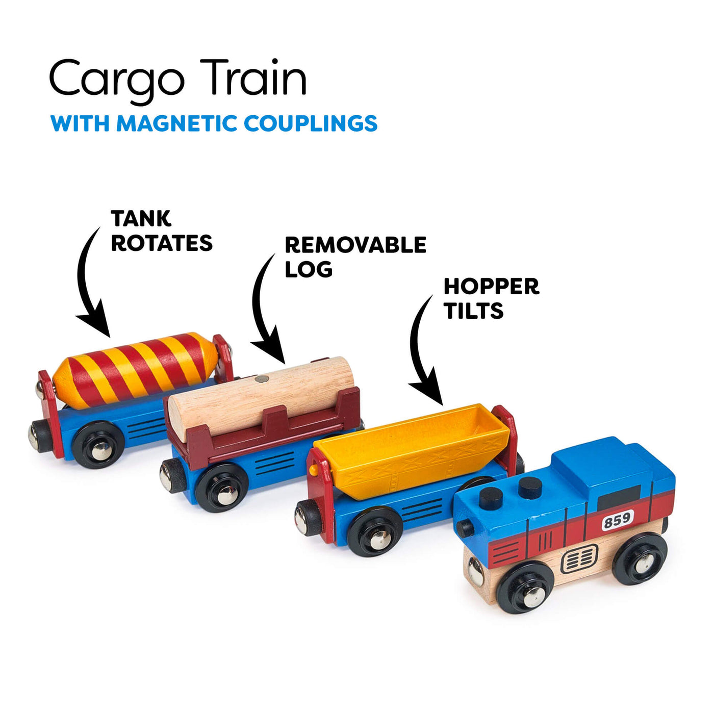 Wooden toy cargo train with magnetic couplings on a white background