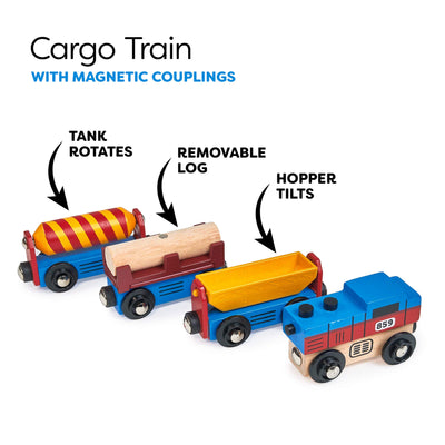 Wooden toy cargo train with magnetic couplings on a white background