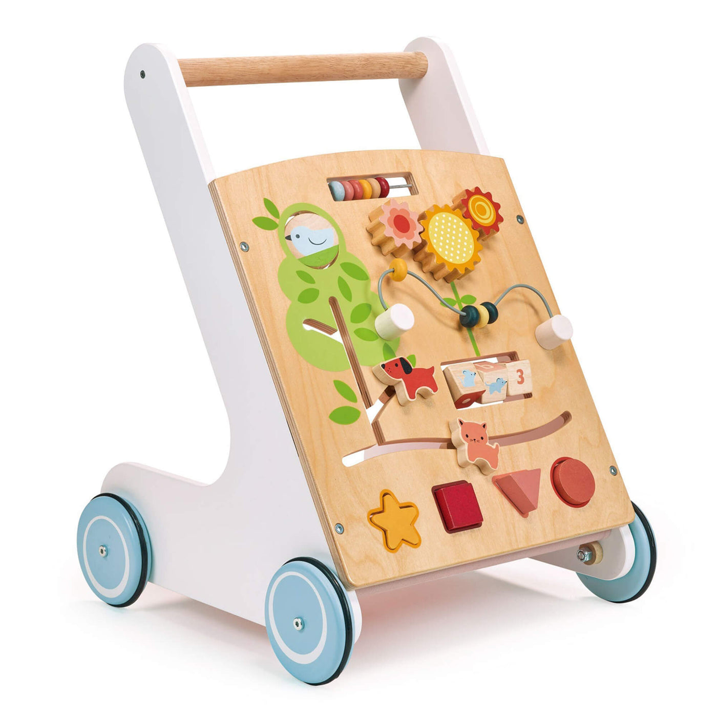 Wooden toy push cart with colorful shapes and patterns on a white background