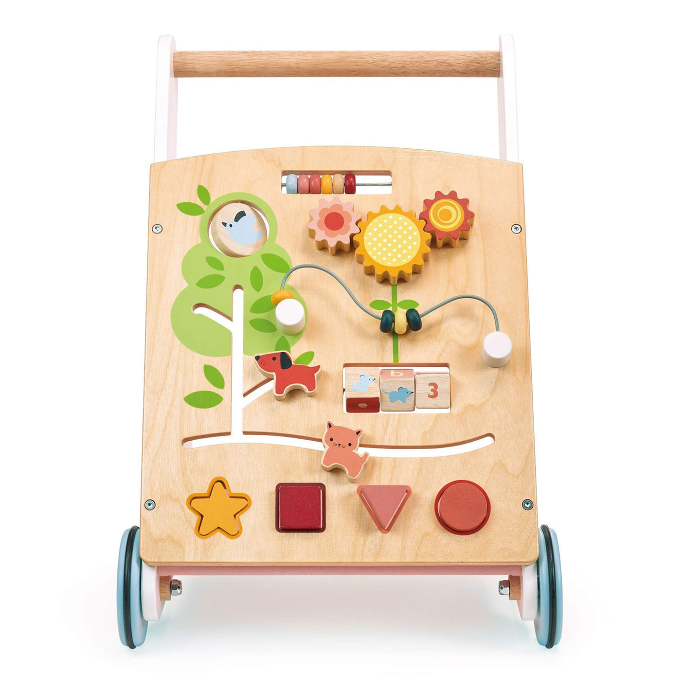 Wooden activity walker with colorful shapes and toys on a white background