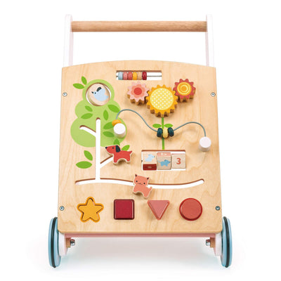 Wooden activity walker with colorful shapes and toys on a white background