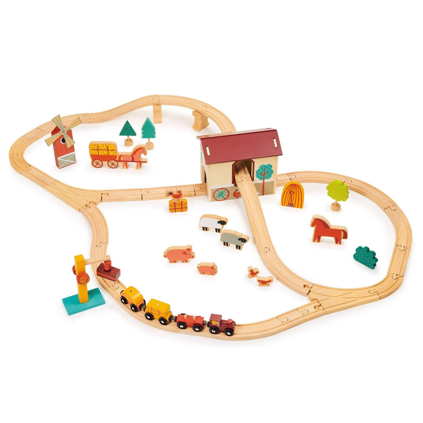 Wooden toy train set with tracks, houses, and animals on a white background