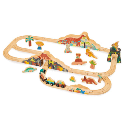 Wooden dinosaur track set with train on a white background