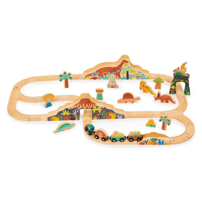 Wooden dinosaur train set with tracks and toy dinosaurs on a white background