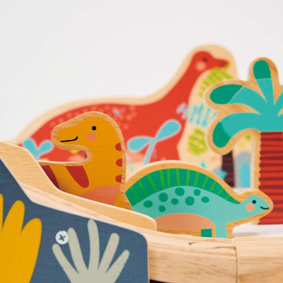 Colorful wooden dinosaur toy set on a white background
