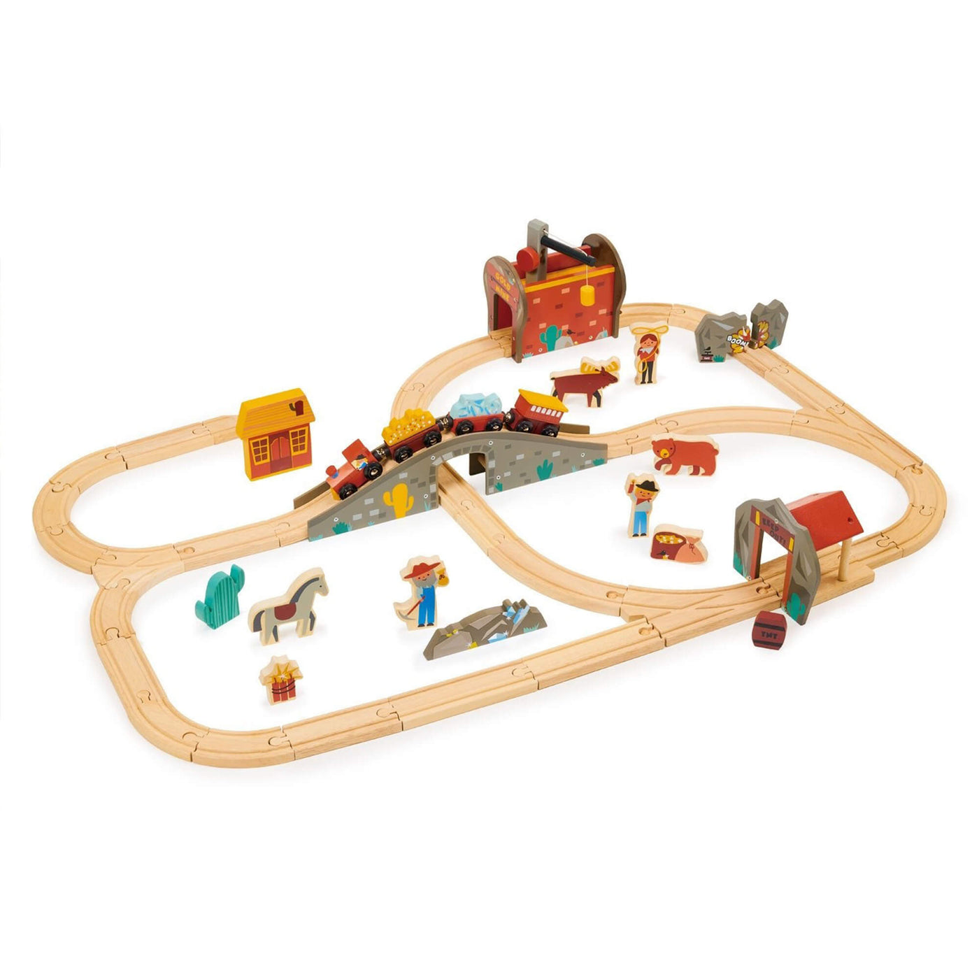 Toy train set with wooden tracks and miniature figures on a white background