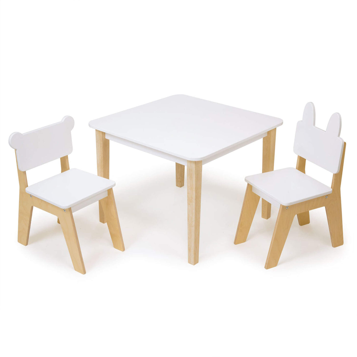 Children's table and animal ear chairs set with white tops and wooden legs on a white background