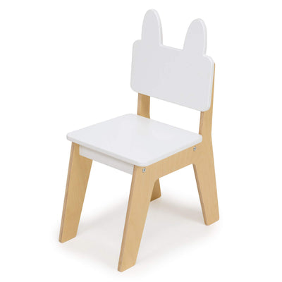 Children's chair with a white seat and backrest with bunny ears and wooden legs on a white background