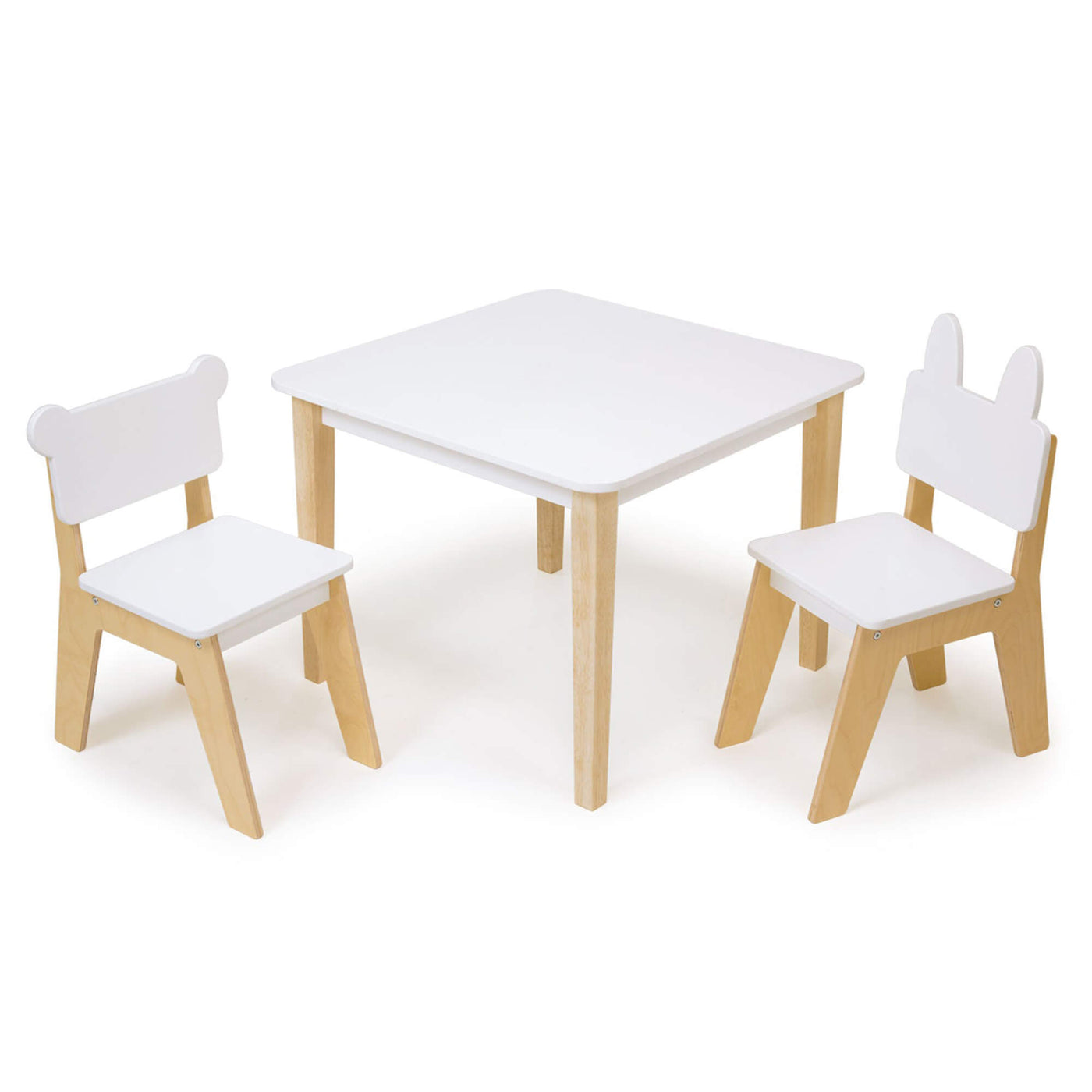 Children's table and chairs set with white seats and wooden legs on a white background
