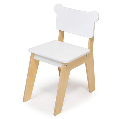 Children's chair with white seat and backrest with bear ears on a light wood frame against a white background