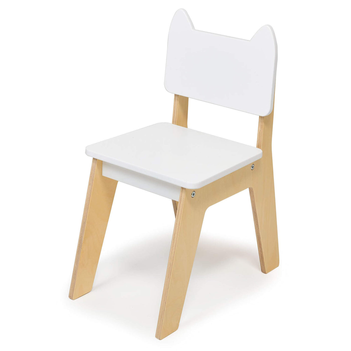 Children's chair with white seat and fox ear backrest and beige legs on a white background