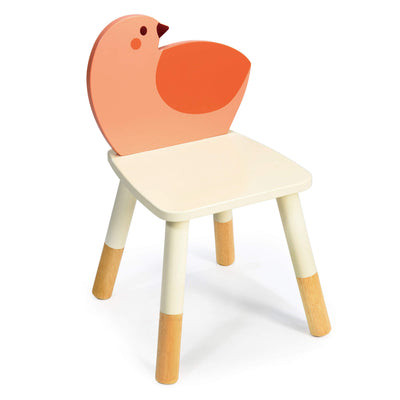 Children's chair designed like a bird with an pink bird back and beige seat on a white background