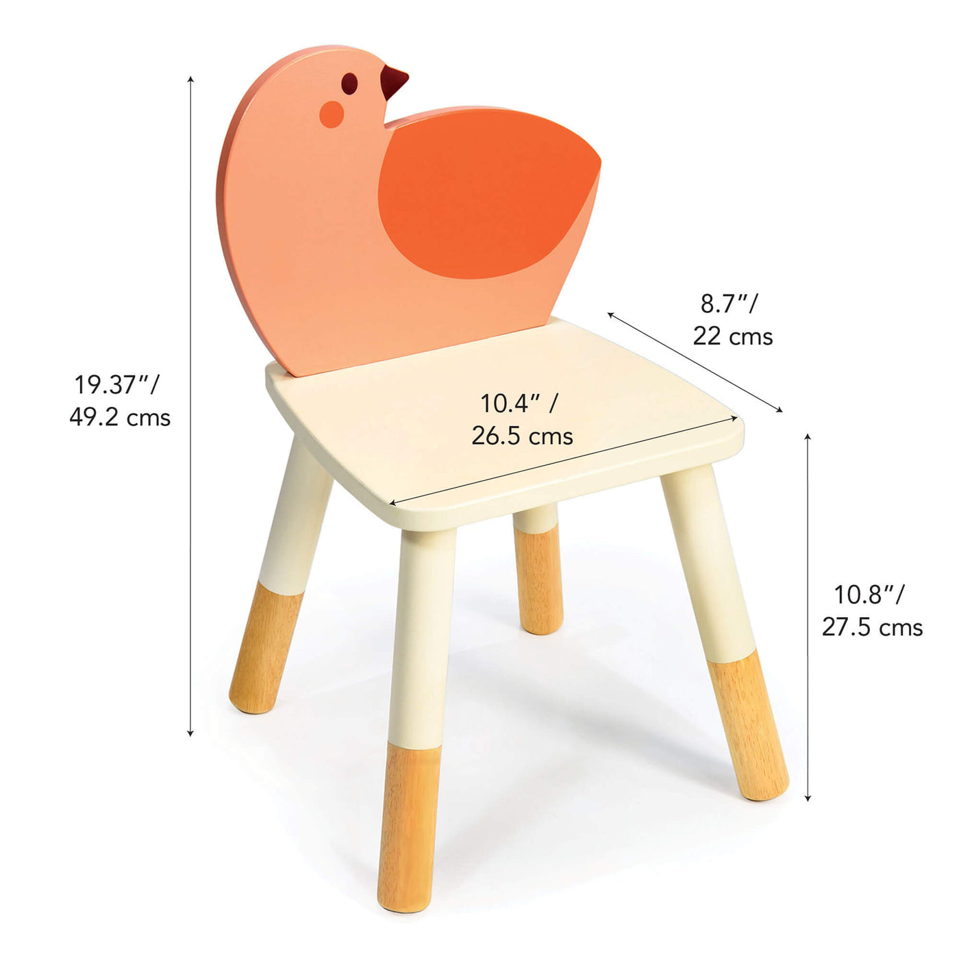 Children's chair with bird design and measurements on a white background