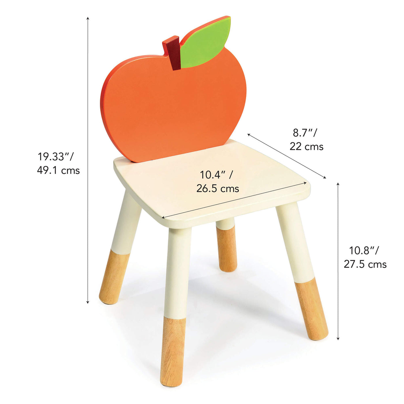 Children's chair with an apple-shaped backrest and measurements on a white background