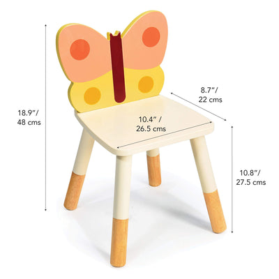 Butterfly-shaped children's chair with dimensions on a white background