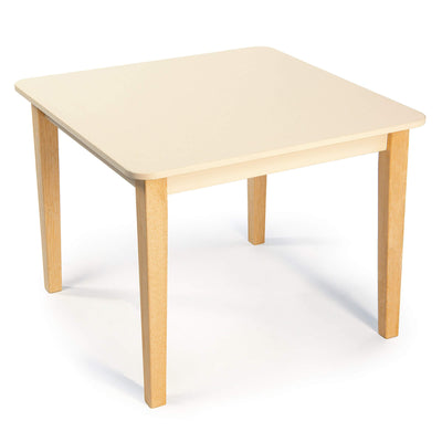 Wooden table with beige square top and wooden legs on a white background
