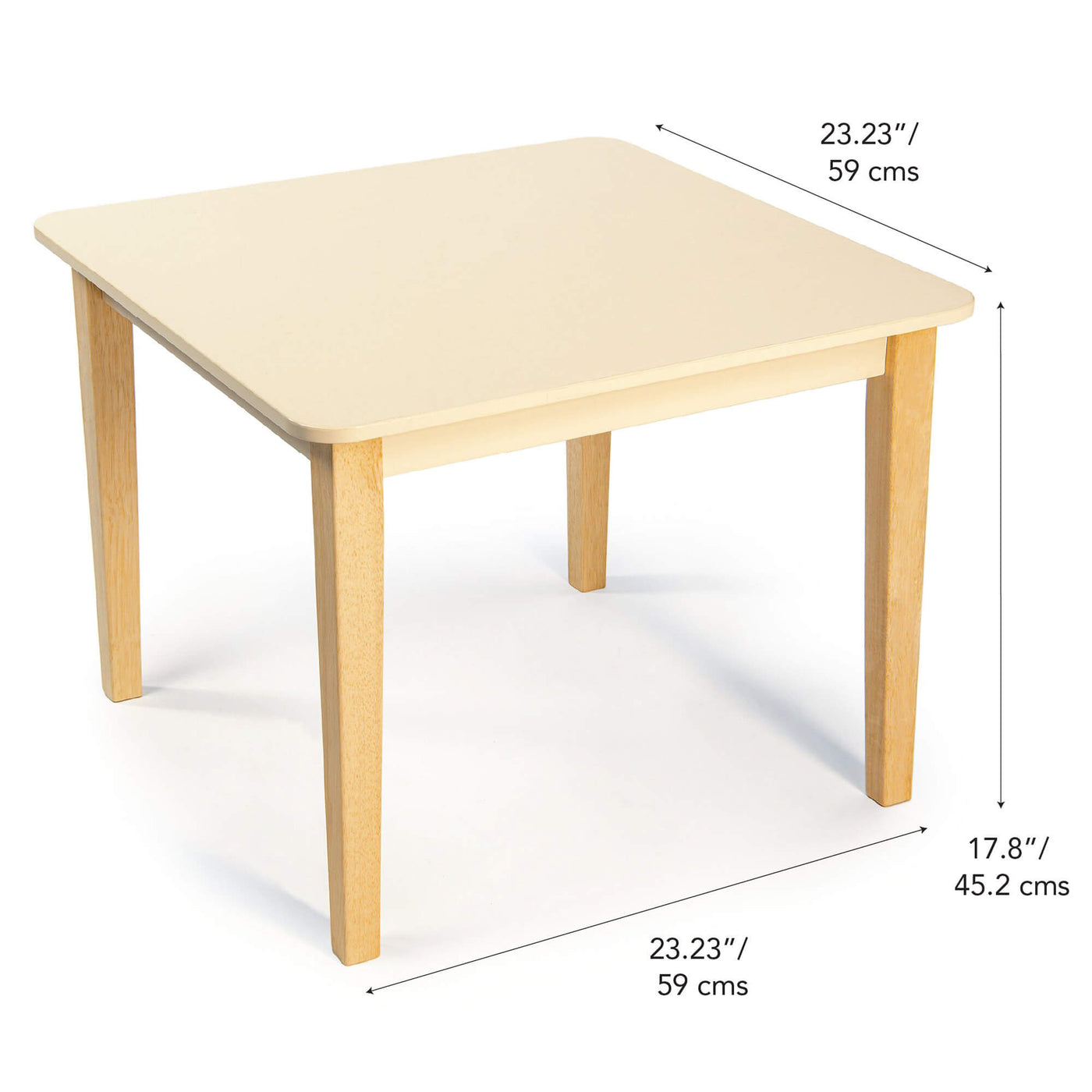 Wooden table with dimensions labeled on a white background