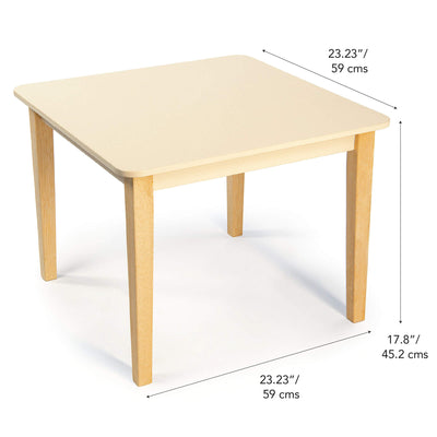 Wooden table with dimensions labeled on a white background