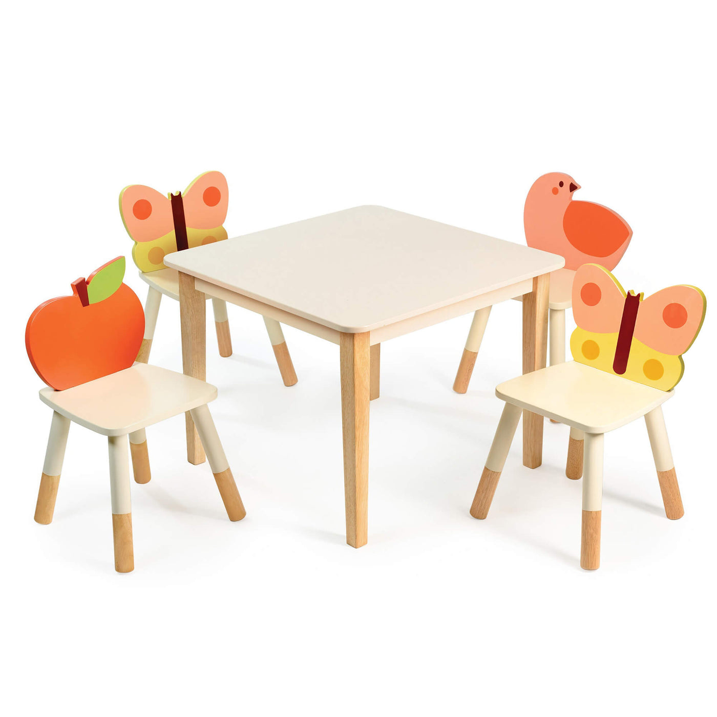 Children's wooden table and chairs with butterfly and apple designs on a white background