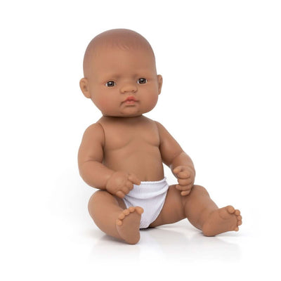 A Miniland 12-inch Realistic Montessori Hispanic Boy Baby Doll. Anatomically correct and designed for inclusive, educational play.