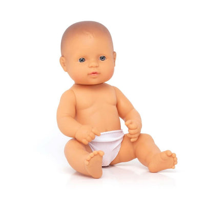 A set of four Miniland 12-inch Realistic Montessori White Boy Baby Doll. Anatomically correct and designed for inclusive, educational play.