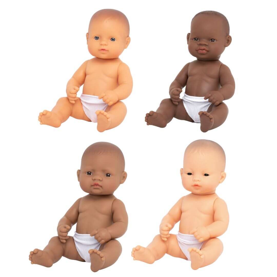 A set of four Miniland 12-inch Realistic Montessori Baby Dolls, each representing a different ethnic background—White, Black, Hispanic, and Asian. Anatomically correct and designed for inclusive, educational play. Each boy baby doll comes in a white pair of underwear.